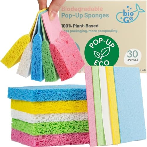 bioGo 30 Pack Compostable Pop-Up Sponges - Expanding, Non-Scratch, Plant-Based Dish - Bulk Color - Pop Up Sponge - Kitchen by ThebioGoNation