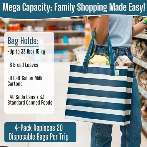 VENO 4 Pack Large Grocery Bag Reusable Shopping Bags with Hard Bottom - Image 4