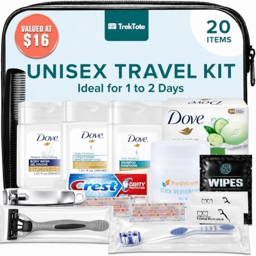 20-Piece Unisex Travel Toiletry Kit – Premium Brand-Name Travel Toiletries by TrekTote