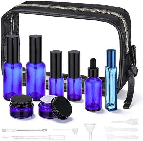 Segbeauty 8pcs Blue Travel Essentials Toilet Bottles Skincare Containers Set with Bag, Refillable Travel Size Containers Pump Bottle Cream Jar, Empty Glass Perfume Spray Bottles, Oils Dropper Bottle by Segbeauty