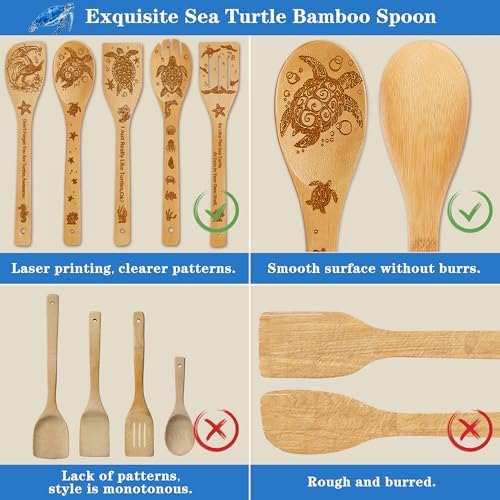Sea Turtle Gifts for Women,6 PCS Turtles Wooden Bamboo Spoons Cooking Utensil Set for Kitchen Decor,Ocean Themed Stuff for Turtle Lovers,Mom,Men,Housewarming Gifts,Birthday,Easter,Mother's Day - Image 3