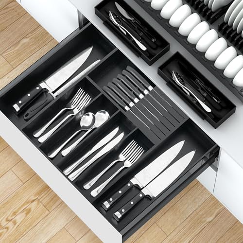 VaeFae Bamboo Silverware Drawer Organizer, 7 Slots, Black - Image 5