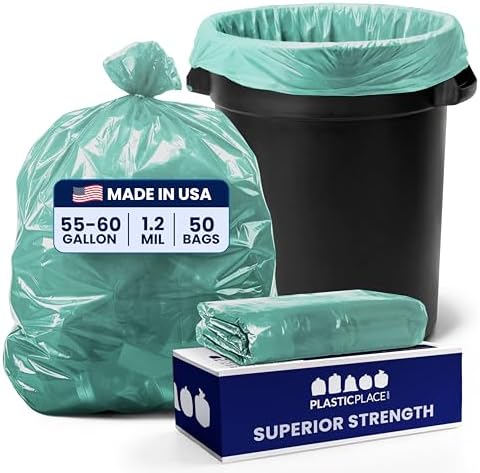 Plasticplace 55-60 gallon Trash Bags │ 1.2 Mil │ Green Heavy Duty Garbage Can Liners │ 38” x 58” (50Count) by Plasticplace
