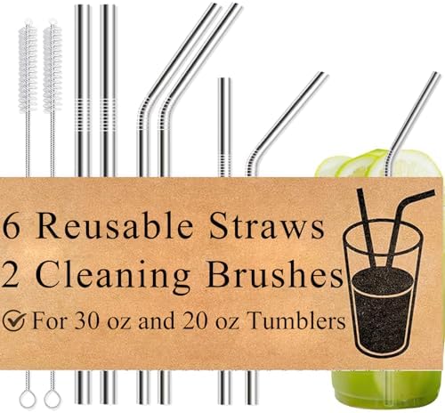 8-Pack Reusable Stainless Steel Metal Straws with Cleaning Brush - Long Metal Straws Drinking for 30 oz and 20 oz Tumbler Eco Friendly by FMUMIA