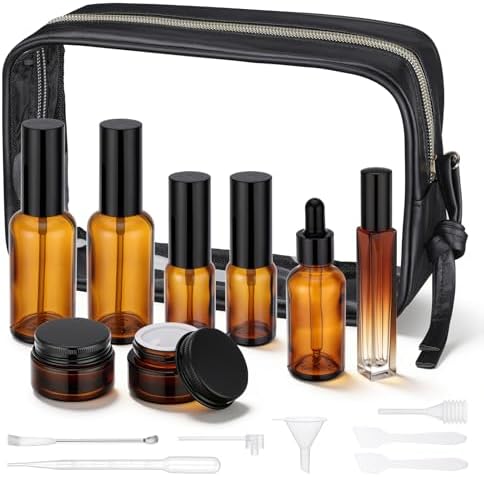 Segbeauty 8pcs Amber Travel Toiletry Containers with Clear Bag, Refillable Travel Skincare Containers Spray Dropper Bottle Perfume Atomizer, Lotion Container Jar Empty Amber Glass Creams Pump Bottle by Segbeauty