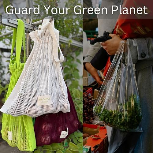 100% Cotton Set Of 2 Mesh Grocery Bag | Eco-Friendly Cotton Market Bags For Vegetable Shopping | Multi-Purpose Portable Cotton Market Bags with Reinforced Edges (Kiwi Green) (Kiwi Green) - Image 2