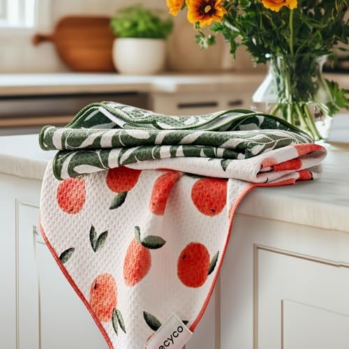 RECYCO Waffle Kitchen Towel Set of 2 - Quick Dry Microfiber Sustainable Dish Towels - Ultra Absorbent Reusable Cleaning Tea Towels - Lightweight Hand Towels,16”x 28”, Peachy Leaves by RECYCOHOMECOLLECTION