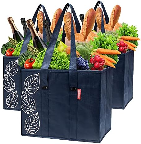 PLANET E Reusable Shopping Bags, Heavy Duty Foldable Grocery Bags with Handles, Large Collapsible Box Totes with Reinforced Hard Bottom, Pack of 3, Navy by Planet+E+by+Eco-stream
