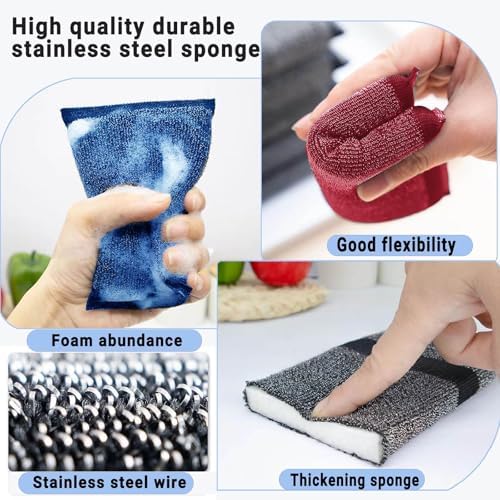 Steel Wool Scrubber Kitchen Sponges - 6 Pack Kitchen Dish Sponges Scrubbers, Non-Scratch Microfiber sponges for Cleaning, Pots and Pans Scrub Sponge - Image 3