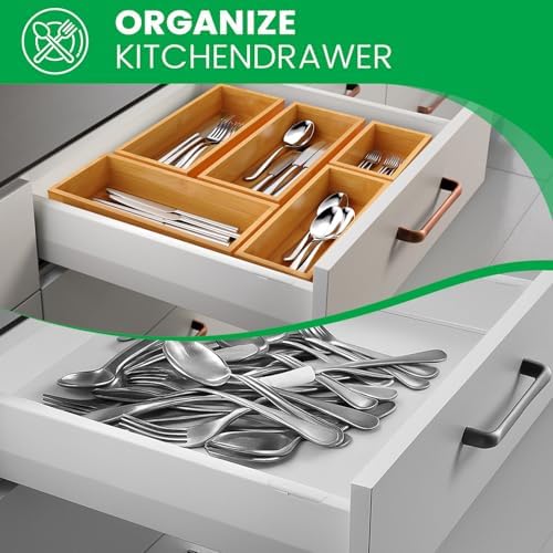 Bamboo Drawer Organizer Set, 5-Piece Storage Trays for Kitchen, Bathroom, Office Desk, Makeup & Junk Drawers,Utensils - Image 4