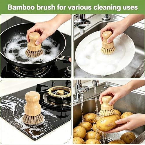 Bamboo Dish Brush Set with Palm and Sisal Bristles, 4 Pcs Natural Bamboo Dish Scrubber Brush for Kitchen Cleaning, Pots, Pans, Vegetables, Fruit - Image 5