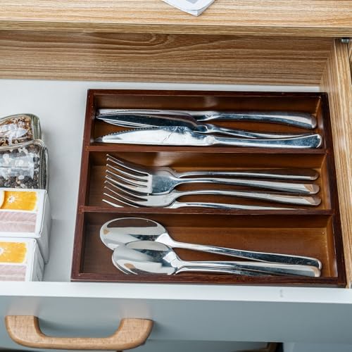 Fibogollo Bamboo Silverware Organizer with 3 Slots for Kitchen(Brown) - Image 3