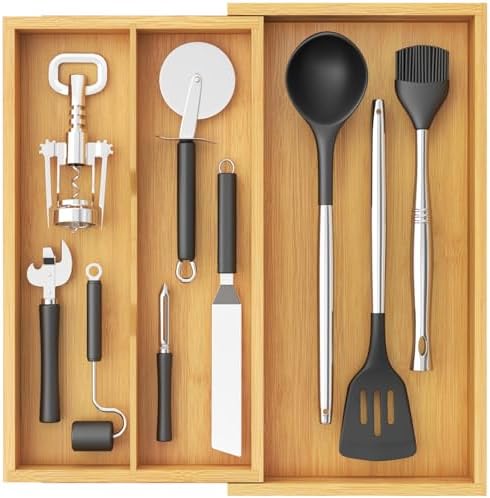 Lifewit Bamboo Utensil Organizer for Kitchen Drawer, Cooking Utensil Tray by Lifewit