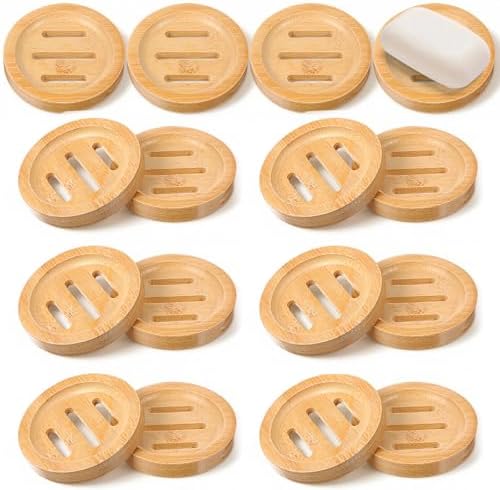16 Pcs Bamboo Soap Dishes, Wooden Soap Holder with Drainage - Round Natural Soaps Trays for Bathroom, Kitchen, Shower (3.2 Inch) by Unknown