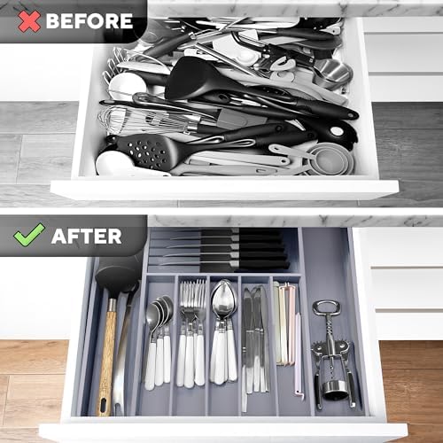 Premium Expandable Kitchen Drawer Organizer - 100% Bamboo Organizer Tray - Great for Silverware, Large Utensils, Flatware, Cutlery - 8 Compartments with Knife Block - Perfectly Fits Your Drawers - Image 2