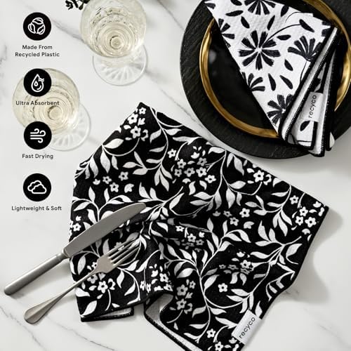 RECYCO Waffle Kitchen Towel Set of 2 - Quick Dry Microfiber Sustainable Dish Towels - Ultra Absorbent Reusable Cleaning Tea Towels - Lightweight Hand Towels,16”x 28”, Black & White Florals - Image 2