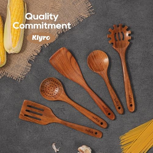 Teak Kitchen Utensils Set, 5 Piece Premium Wooden Cooking Utensils Set, Non-Stick Heat-Resistant Wooden Spoons for Cooking, New Apartment Essentials - Image 7