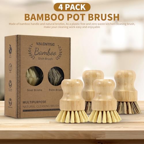 4 Pack Bamboo Dish Brush Set, Natural Palm Dish Scrubber for Pots and Vegetables, Sisal Bristle Bamboo Scrub Brush for Cleaning Dishes and Pans - Image 2
