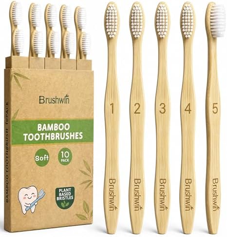 10 Pack Plastic Free Bamboo Toothbrush, Plant-Based Soft Bristle Biodegradable Eco-Friendly Wooden Toothbrushes for Adults and Family by Unknown
