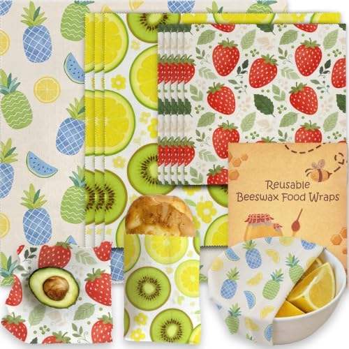 Reusable Beeswax Wraps, Strawberry Lemon Pineapple Wraps, 9 Pack Sandwich, Bowl, Bread, Eco-Friendly, Organic, Sustainable, Zero Waste, Plastic-Free, 1XL, 3M, 5S by Unknown