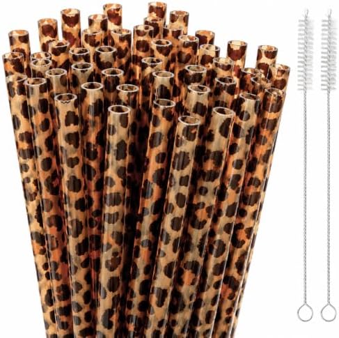 50 Pcs Reusable Leopard Straws, Plastic Cheetah Animal Straws and Cleaning Brush for Women Tumblers Drinking Safari Wild Birthday Party by Unknown