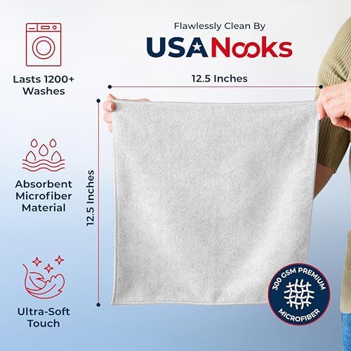 USANOOKS Microfiber Cleaning Cloth - White - 8Pcs (12.5x12.5 inch) High Performance - 1200 Washes, Ultra Absorbent Car Towel Traps Grime & Liquid for Streak-Free Mirror Shine - Car Washing Cloth - Image 2