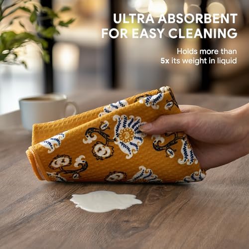RECYCO Waffle Kitchen Towel Set of 2 - Quick Dry Microfiber Sustainable Dish Towels - Ultra Absorbent Reusable Cleaning Tea Towels - Lightweight Hand Towels,16”x 28”, Marigold Mosaic - Image 3
