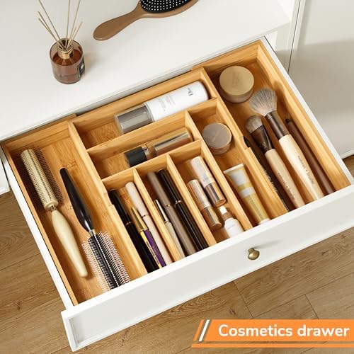 BAMEOS 3" Deepth Expandable Drawer Organizer, Deep Flatware Organizer, Adjustable Silverware Organizer, Bamboo Drawer Organizer for Kitchen, Bathroom (Natural) - Image 6