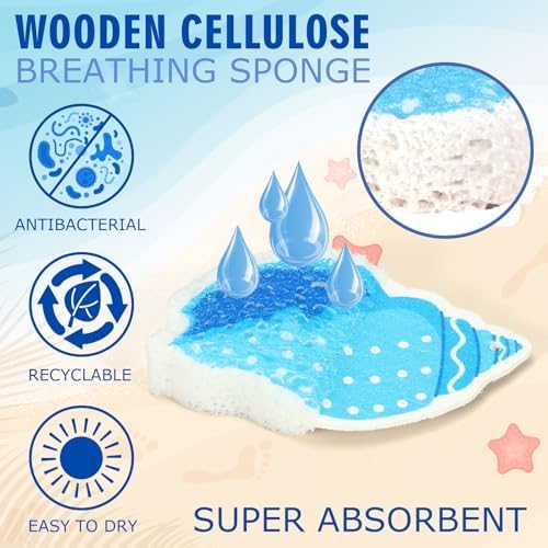 Whaline 8Pcs Starfish Shell Kitchen Sponges Water Absorbing Dish Washing Sponge Summer Sea Snail Starfish Shell Non Scratch Cleaning Scrub Sponges for Summer Home Kitchen Bathroom - Image 3