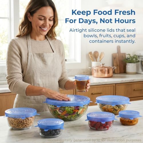 Silicone Stretch Lids, 6-Piece Reusable Bowl Covers (12, Blue) - Image 7