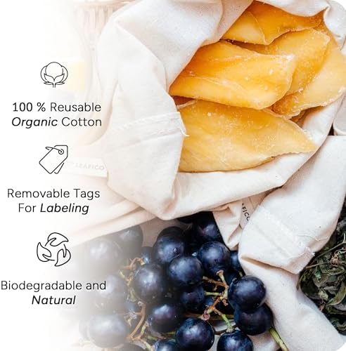 LEAFICO Organic Cotton Reusable Produce Bags - Small 5x7 (12 Pack) - Biodegradable Eco-Friendly Bulk Bin Sacks for Food - Cloth Bags with Drawstrings - Linen Pouch for Fruit, Vegetable Storage - Image 5