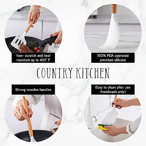 Country Kitchen Non Stick Silicone Utensil Set with Rounded Wood Handles for Cooking and Baking, 14 Piece Set, White - Image 4