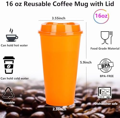 20 Pack Reusable Coffee Cups with Lids 16 oz Plastic Tumblers Travel Mug Iced Coffee Cup for Adults and Women Hot and Cold Drinks, Microwaveable(Orange) - Image 2