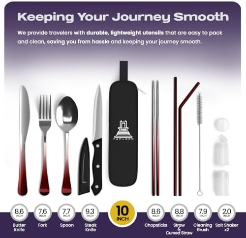 Taplord Portable Travel Silverware Set With Case - Includes 10 Pcs of Utensils, Stainless Steel Flatware For Camping, Easy to Travel, Lightweight (Red Two Tune) - Image 2