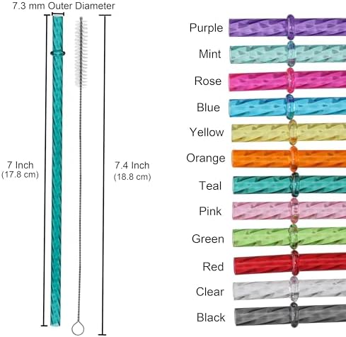 Dakoufish 7 Inch Reusable Clear Plastic Swirl Drinking Straws for 10 oz & 12 oz Short Mini Mason Jar Tumblers,Set of 12 Pcs Replacement Straws with Cleaning Brush (7inch,12color) - Image 2