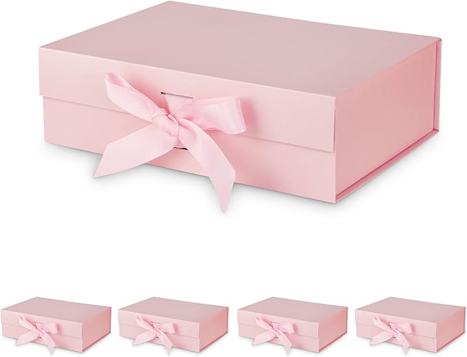 Gift Box with Lid for Presents 10.5x7.5x3.1 Inches with Ribbon and Magnetic Closure(5-Pack) (Pink)