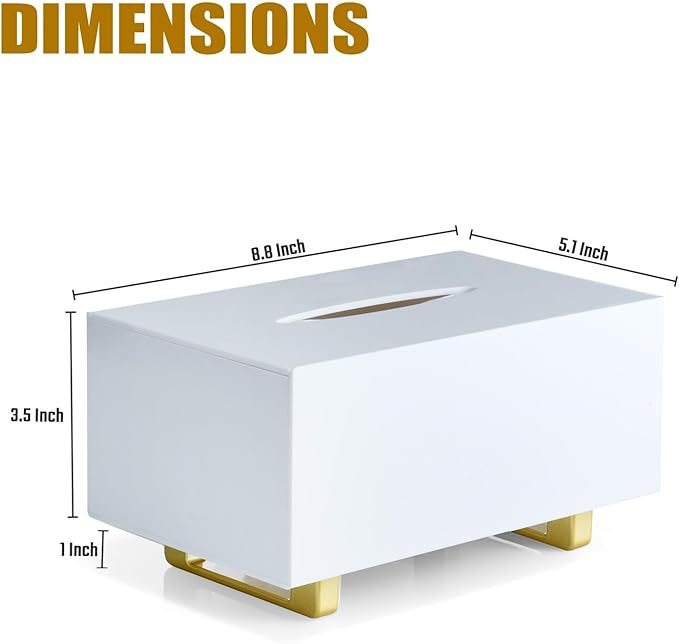 YoBa Thick Acrylic Tissue Box Holder Rectangular White Tissue Box Dispenser with Gold Plated Aluminum Legs for Bathroom, Kitchen, Bedroom, Office, Hotel and Restaurant