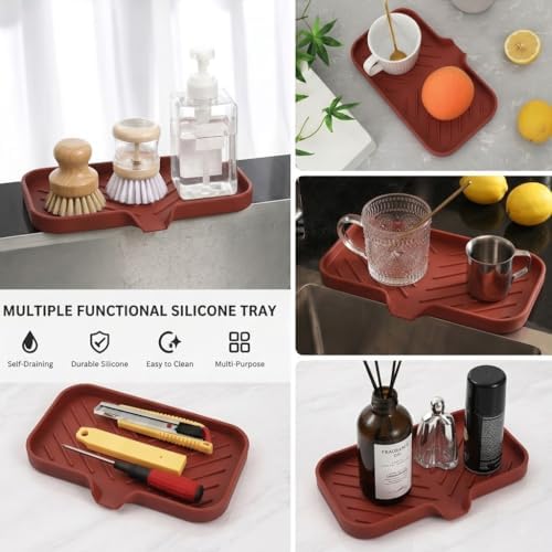 MicoYang Silicone Soap Dish with Drain Spout — Self-Draining Sink Organizer Tray for Bathroom & Kitchen, Sponges, Dispensers & Soap Holder, Non-Slip & Dishwasher Safe, Red (Medium, 9.6"×5.3") - Image 5
