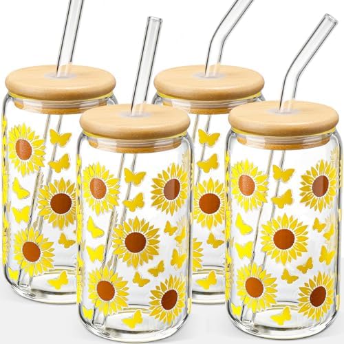 DWTS DANWEITESI Glass Cups with Lids and Straws with Design Sunflower 4 pcs,Clear Glass Cups 16 oz-Drinking Glasses Set,Glass Tumbler,Cute Design Glass Iced Coffee Cups with Lids and Straws 480ml by DWTSDANWEITESI