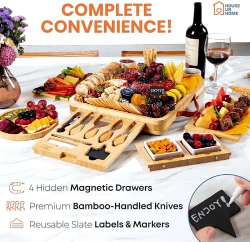 Bamboo Charcuterie Board Gift Set – Housewarming Gift for New Home, Wedding & Bridal Shower Gifts | Large Cheese Board with Hidden Drawers, Knives & Bowls | Perfect for Couples, Hosts & Housewarming - Image 4