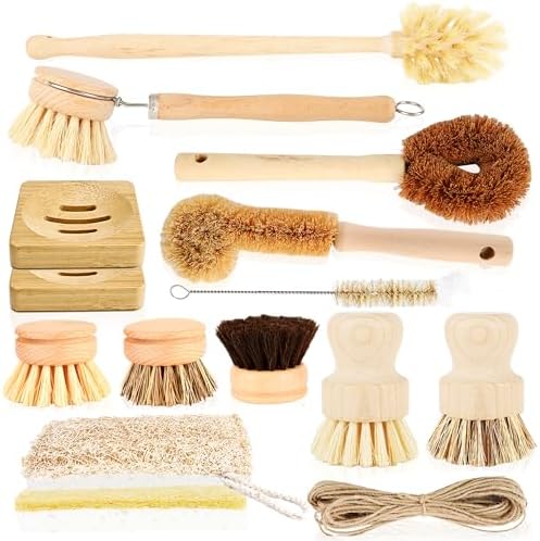 15 Pcs Bamboo Dish Brush Set with 65 Ft Hemp Rope Wooden Palm Pot Brush Sisal Bristles Natural Cup Scrubber Loofah Sponge Draining Tray for Pans, Bottle, Sink Kitchen Cleaning by Swakuta