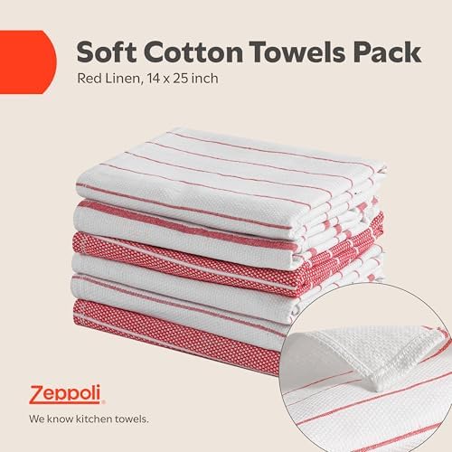 Zeppoli Classic Kitchen Towels - 6 Pack 100% Natural Cotton Towel Set, Reusable Wash Cloths, Absorbent Dish Towels, Machine Washable Hand Towels, Kitchen Essentials, 20� x 28� - Red VAR - Image 2