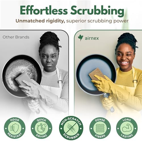 AIRNEX Plant-Based Scouring Pads for Dishes - Coconut Husk Non Scratch Scrub Pads - Natural Kitchen Scrubbing Pads for Pots & Pans - Eco Friendly & Non Abrasive Dish Scrubber Pads - Pack of 12 - Image 3