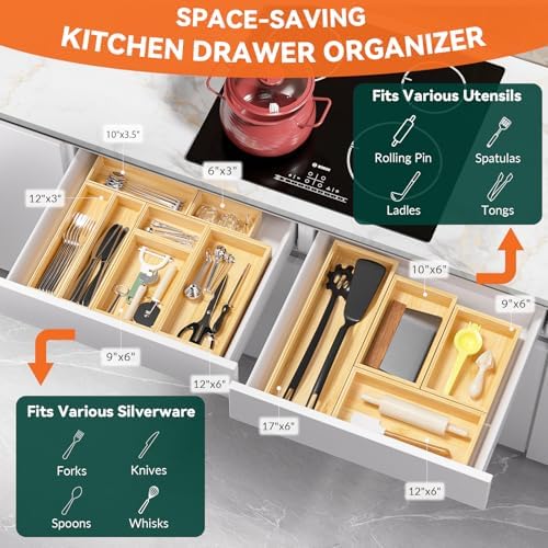 Lixple Bamboo Drawer Organizer for Kitchen Utensils, 2 Pack Stackable Bamboo Kitchen Drawer Organizers, Silverware & Utensil Drawer Trays, 10" x 6" x 2" (Outer), 9.3" x 5.3" x 1.3" (Inner) - Image 3