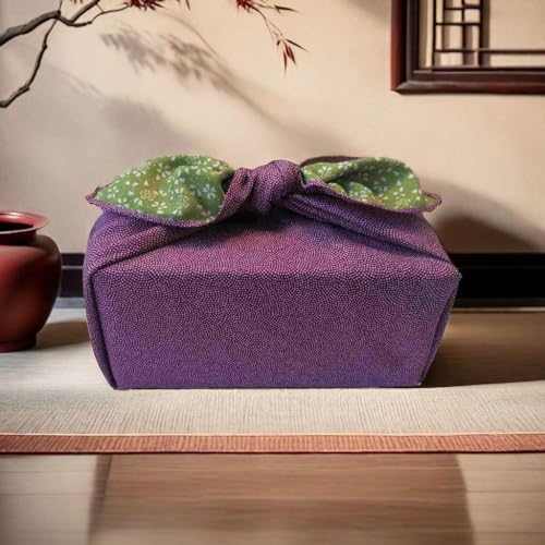 Furoshiki Japanese Wrapping Cloth Eco-Gift Wrap Paper Reversible Shark Skin Cherry blossoms Pattern, Eco-bag Bento Lunch Cake Wine Bottle Kimono Cover (Purple and Green, 27.6 x 27.6 inches) - Image 3