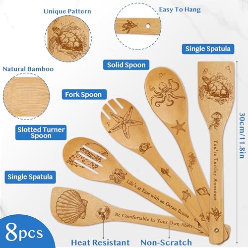8 PCS Ocean Bamboo Kitchen Cooking Utensil Spoon Set with Apron Oven Mitt Potholder,Gift for Women Coastal Decor Beach Theme Kitchen Decorations,Sea Turtle Lovers,Housewarming,Birthday,Easter - Image 2