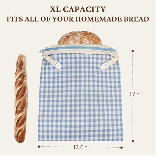 BRONYPRO Reusable Beeswax and Linen Bread Bags with Zipper, 2-Pack Waxed Bread Bags for Homemade Bread & Sourdough, Sustainable Loaf Storage to Lock in Freshness, Large 17x12.6in, Blue Gingham - Image 6