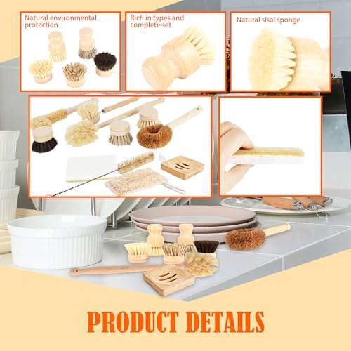 15 Pcs Bamboo Dish Brush Set with 65 Ft Hemp Rope Wooden Palm Pot Brush Sisal Bristles Natural Cup Scrubber Loofah Sponge Draining Tray for Pans, Bottle, Sink Kitchen Cleaning - Image 3
