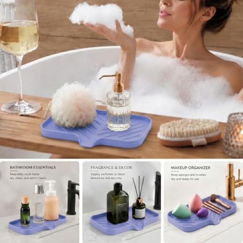 MicoYang Silicone Soap Dish with Drain Spout — Self-Draining Sink Organizer Tray for Bathroom & Kitchen, Sponges, Dispensers & Soap Holder, Non-Slip & Dishwasher Safe, Light Purple (Medium, 9.6"×5.3") - Image 3
