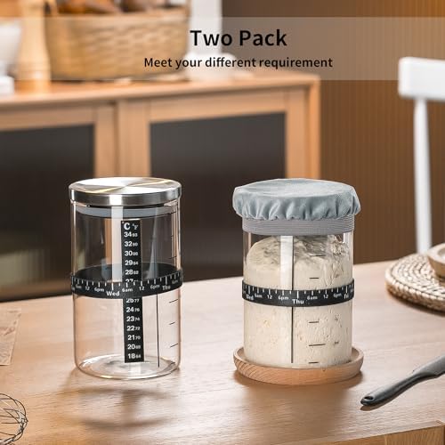 Wissy&Konny Sourdough Starter Jar,2PACK 35OZ Wide Mouth with Ounce Scale line,Date Marked Feeding Band, Thermometer, Sourdough Jar Scraper, Cloth Cover & Stainless Steel Lid Sourdough Starter Kit - Image 5